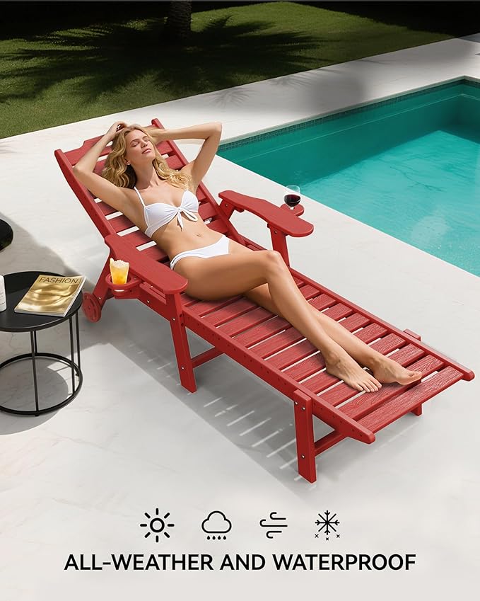 Carauci Lounge Chair Outdoor Set of 4, HDPE Chaise Lounge with Wheels, 5-Position Adjustable Backrest & 2 Cup Holders Patio Lounge Chair, All-Weather Pool Sun Lounger for Poolside, Backyard, Red