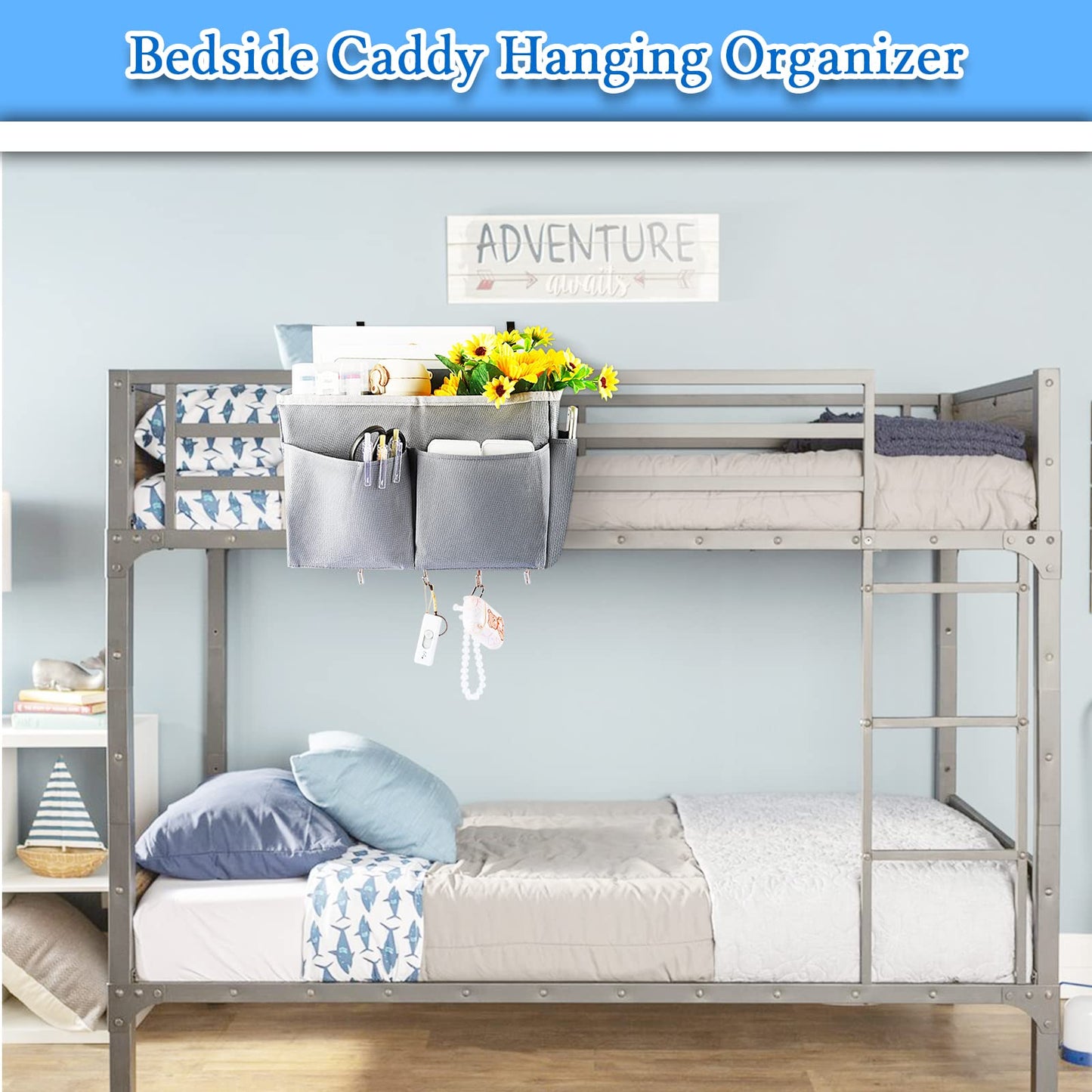 Frjjthchy Bedside Storage Organizer 5 Pockets with 4 Hooks Hanging Storage Bag for Headboards/Bunk Bed (Grey)