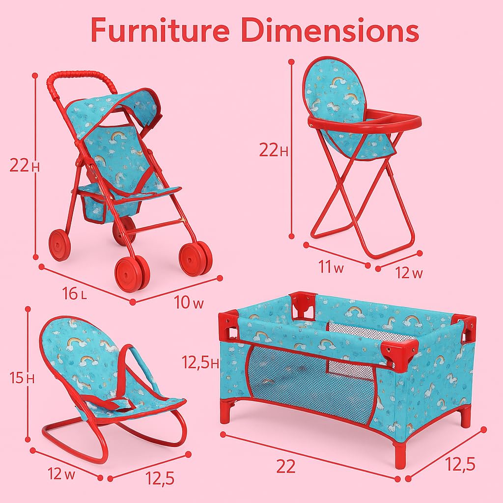 Fash n kolor® 4 Piece Doll Play Set, Doll Accessories Gift, Toy Set -Unicorn Design Includes, Doll Foldable Bed, Doll Stroller, Doll High Chair and Doll Seat, Dolls Gift Set (4 Piece Set)