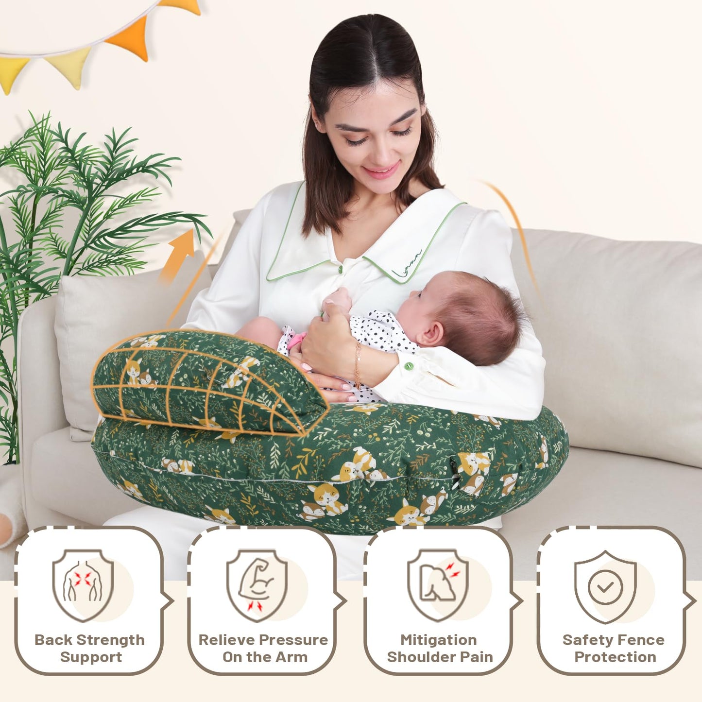 AMASKY Nursing Pillow for Breastfeeding, Animal Patterns Removable Cotton Cover, Support for Mom and Baby, Plus Size Ergonomic Design Breastfeeding Pillows, Machine Washable, Green, Pallet of Product