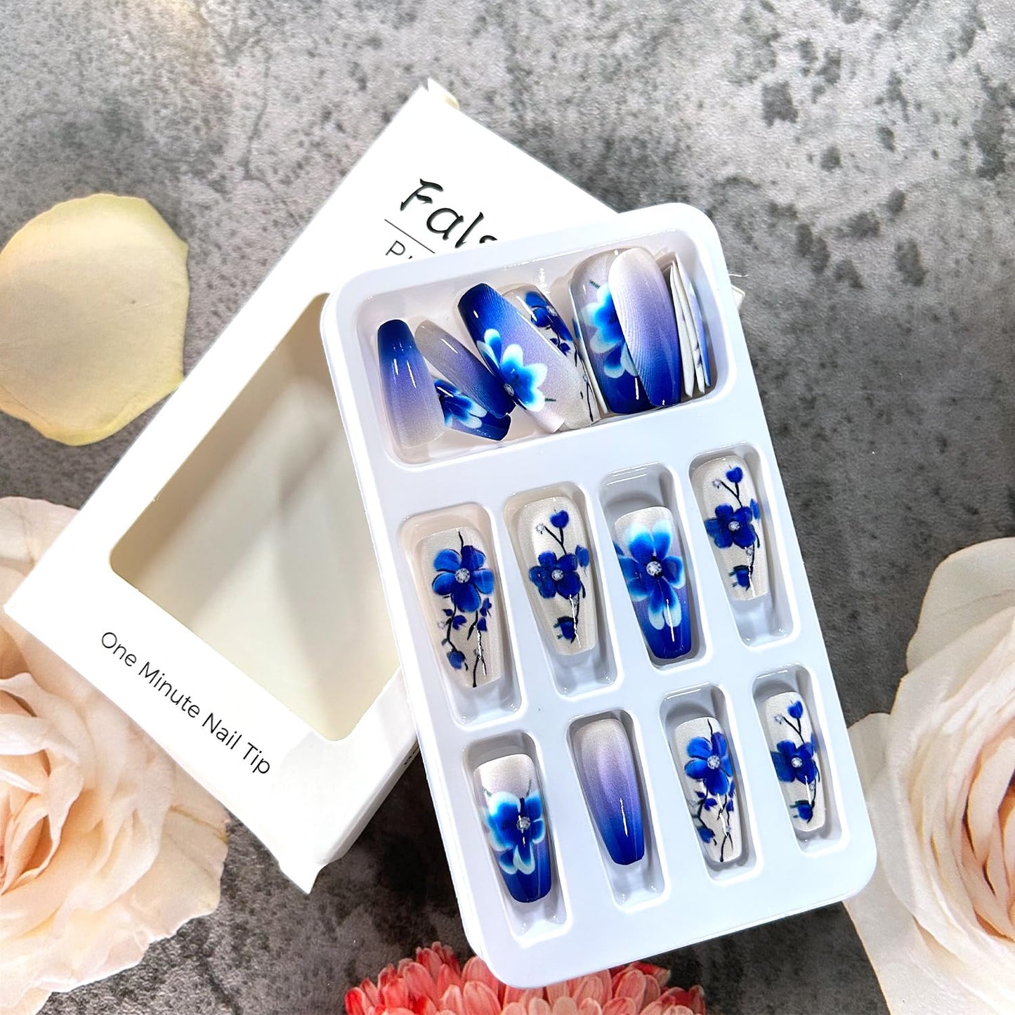 Blue Flower Press on Nails Medium Ballet Shaped Full Cover Glossy Acrylic False Nail Blue Floral Pattern Design Ballet Artificial Fingernails Blossom Stick on Nail Press Ons Glue on Nais for Women