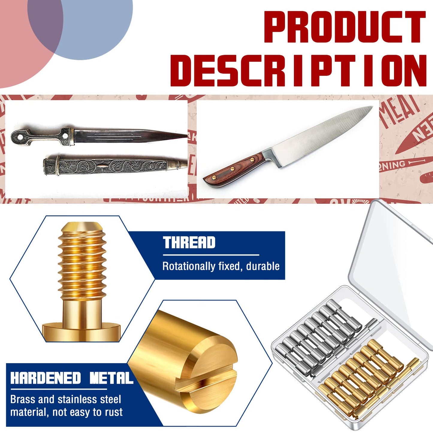 Charniol 20 Sets Brass Bracket Bolt Fasteners and Stainless Steel Bracket Bolt Fasteners Tactical Lock Rivets Knife Making Supplies Handle Pins Knife Screws for Handles, Head Diameter 6 mm