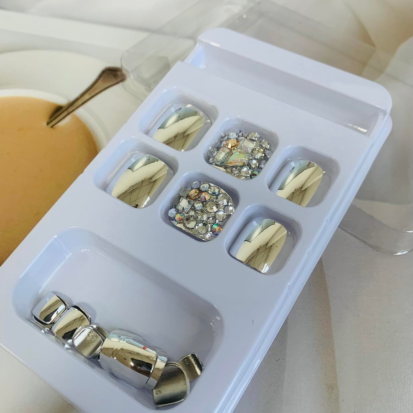 Glitter Silver False Toenail Sets - Press on Coffin Nails with Rhinestone Designs, Full Cover Artificial Acrylic Fake Nails, Stick on Toe Nails with Charm for Women