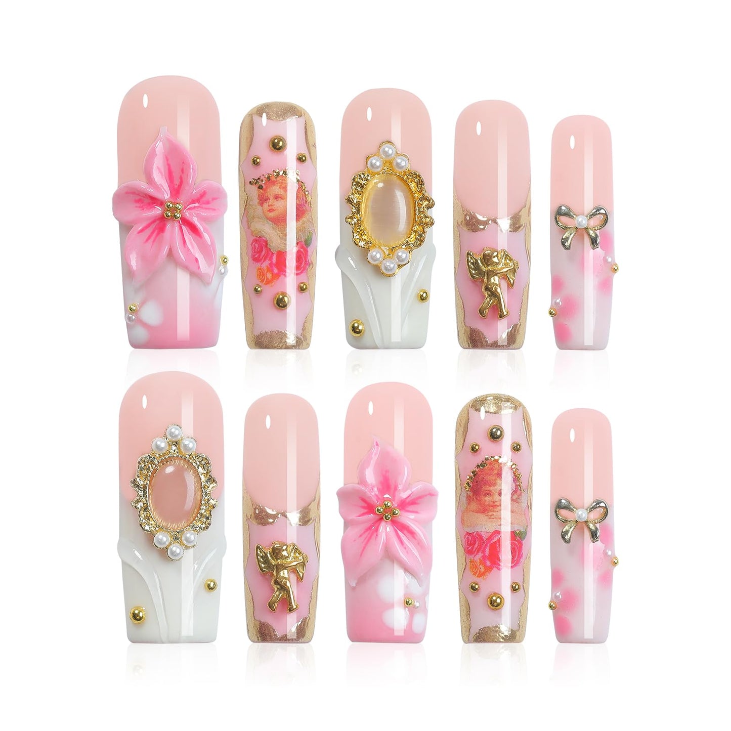 Homsera Elegant Press on Nails - 3D Pink Rose Design Luxury Glossy False Nails for Women French Manicure Full Cover Reusable