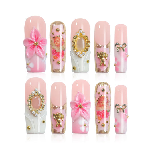 Homsera Elegant Press on Nails - 3D Pink Rose Design Luxury Glossy False Nails for Women French Manicure Full Cover Reusable