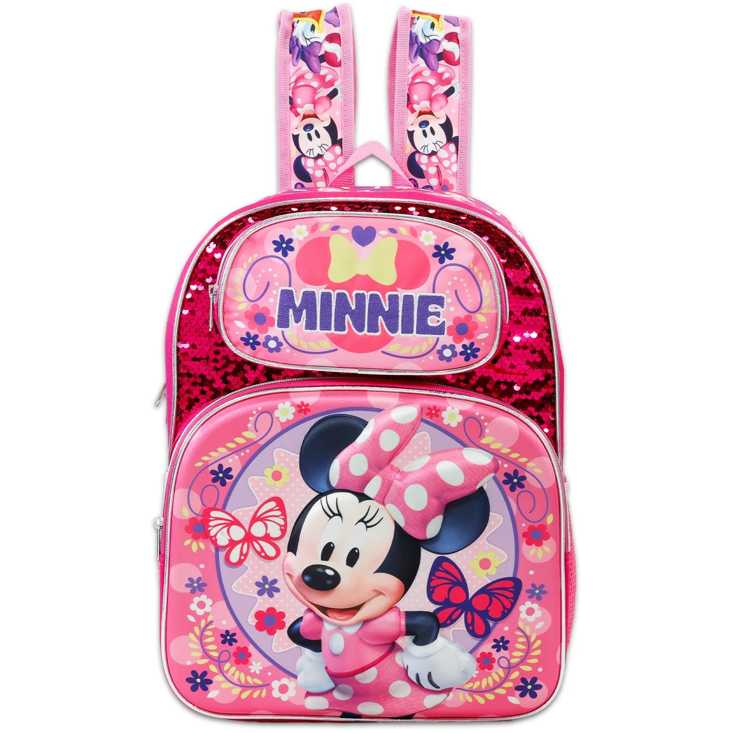 Minnie Mouse School Backpack for Girls - Bundle with 16” Disney Sequin Bag Plus Water Bottle, Stickers, More | Minnie School Supplies for Kids
