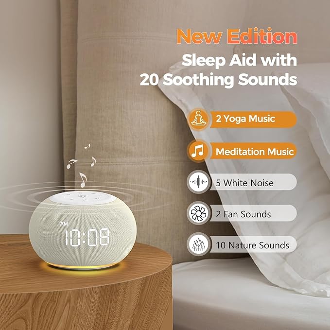 REACHER Auto Dimmable Sound Machine Alarm Clock with Night Light for Girls | 20 soothing sounds, sleep timer, precise volume, soft night lights, auto-dimming display, cute white noise soother for kids