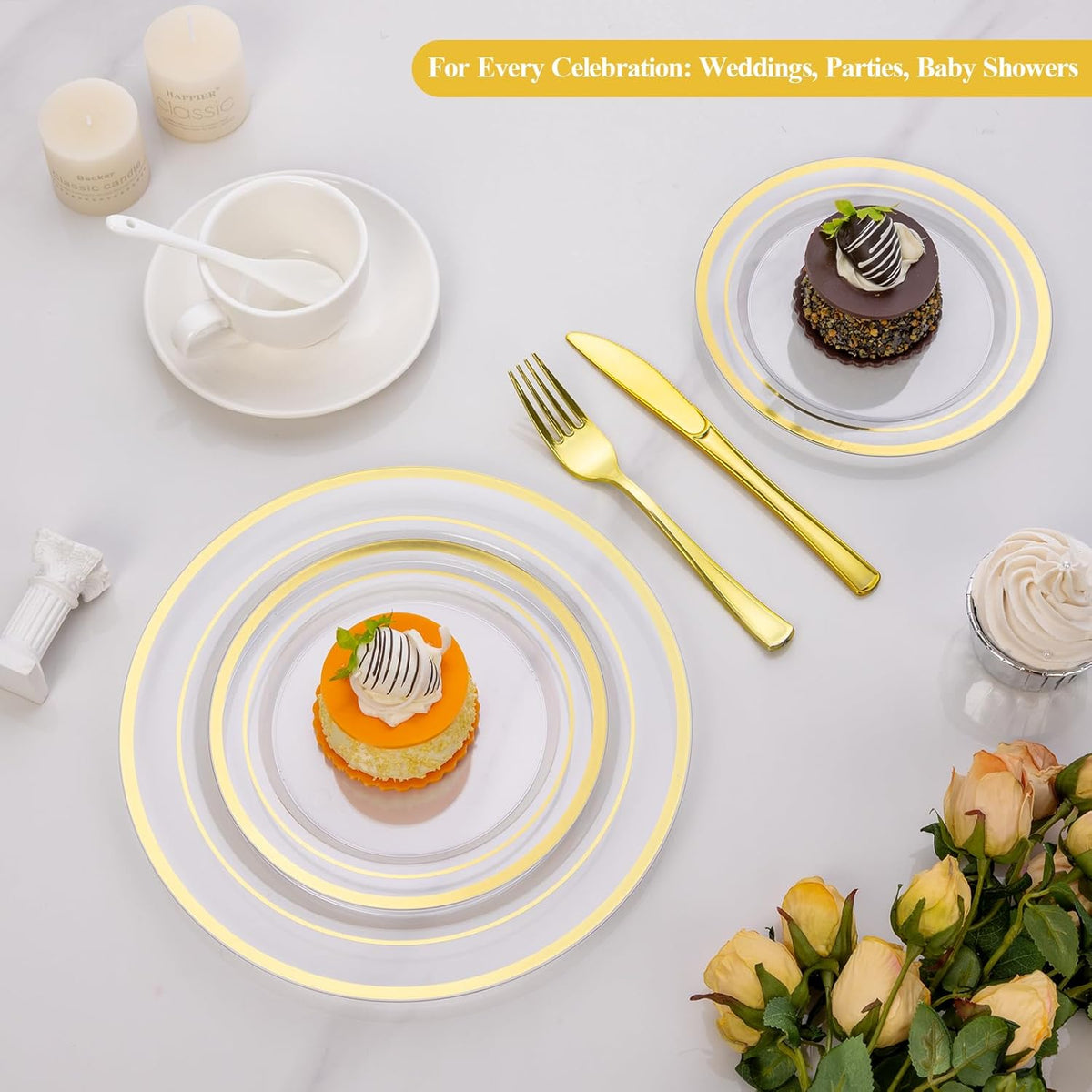 Goodluck 200PCS Clear Gold Plastic Plates, Heavy Duty Disposable Clear Plates with 100 10.25 inch Dinner Plates and 100 7.5 inch Dessert Plates for Party, Holiday, Wedding, Thanksgiving
