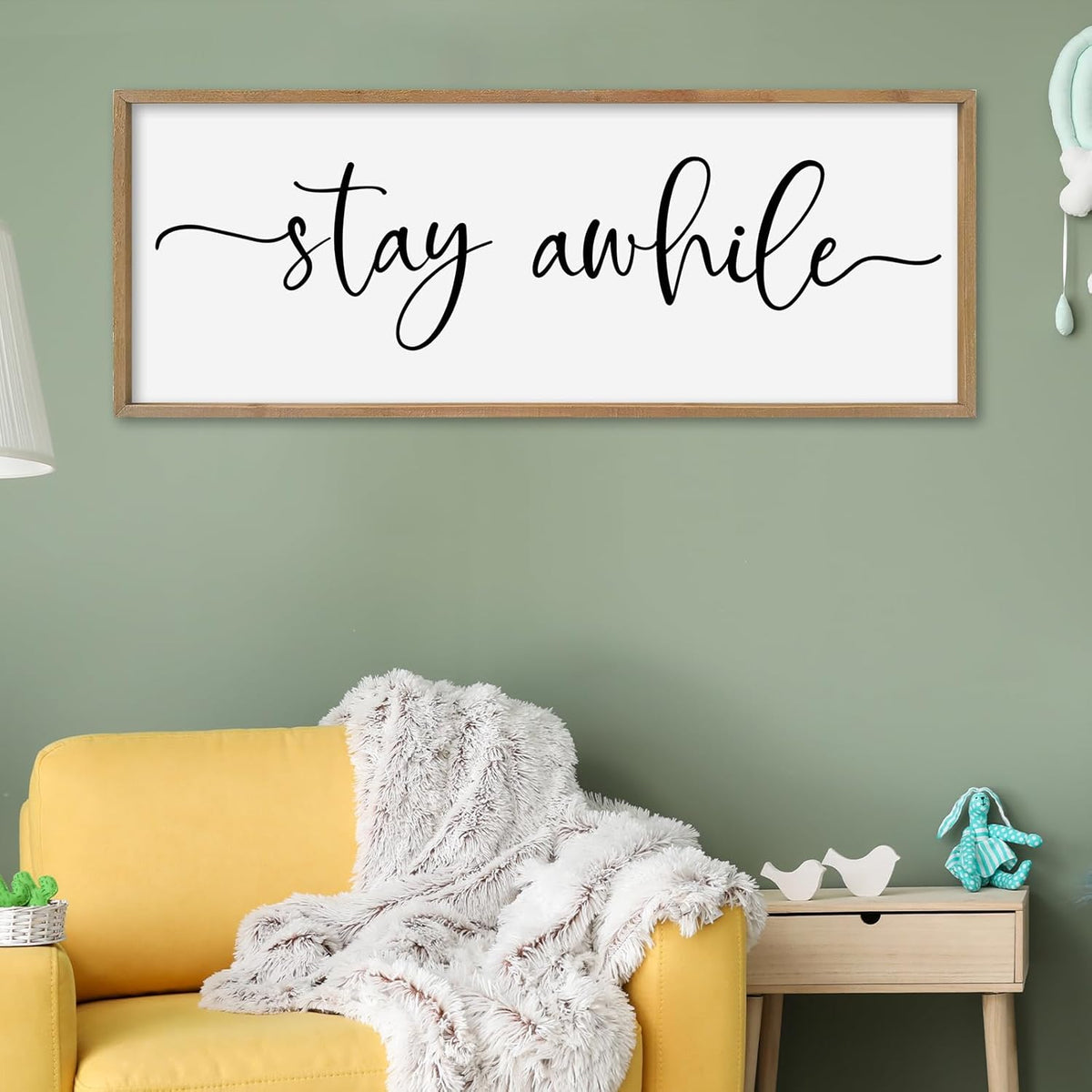 SRSZHIYUE Stay Awhile Sign Wall Decor Art 32"×12" Home Entryway Hallway Signs Large Wood Framed Wall Hanging (Wood)