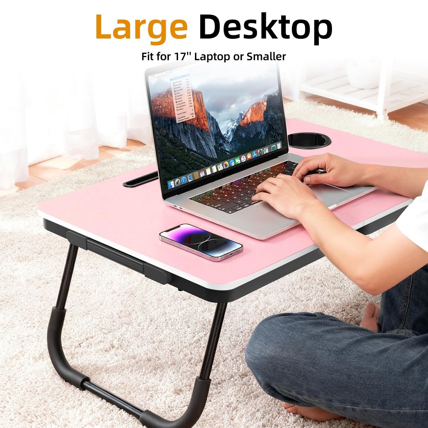 BUYIFY Portable Foldable Laptop Desk for Bed and Couch, Adjustable Lap Desk with Cup Holder and Phone Holder, Ideal for Working, Reading, Writing, and Breakfast (Pink) - SDC1