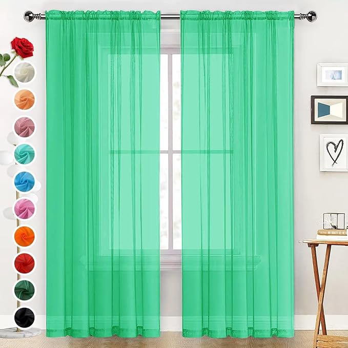 SpaceDresser Basic Rod Pocket Sheer Voile Window Curtain Panels Grass Green 1 Pair 2 Panels 52 Width 63 Inch Long for Kitchen Bedroom Children Living Room Yard（Grass Green, 52W x 63L）