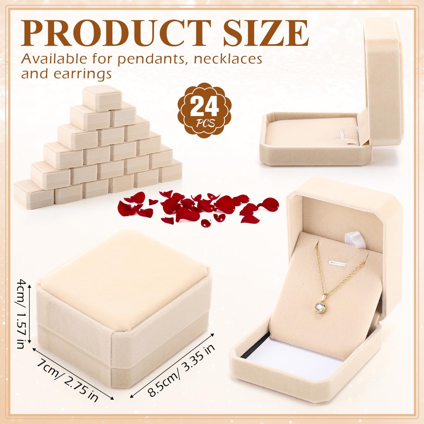 Sureio 24 Pcs Velvet Jewelry Gift Boxes Bulk for Necklace Pendant Ring Earring Bracelet Display Case Wedding (Beige)