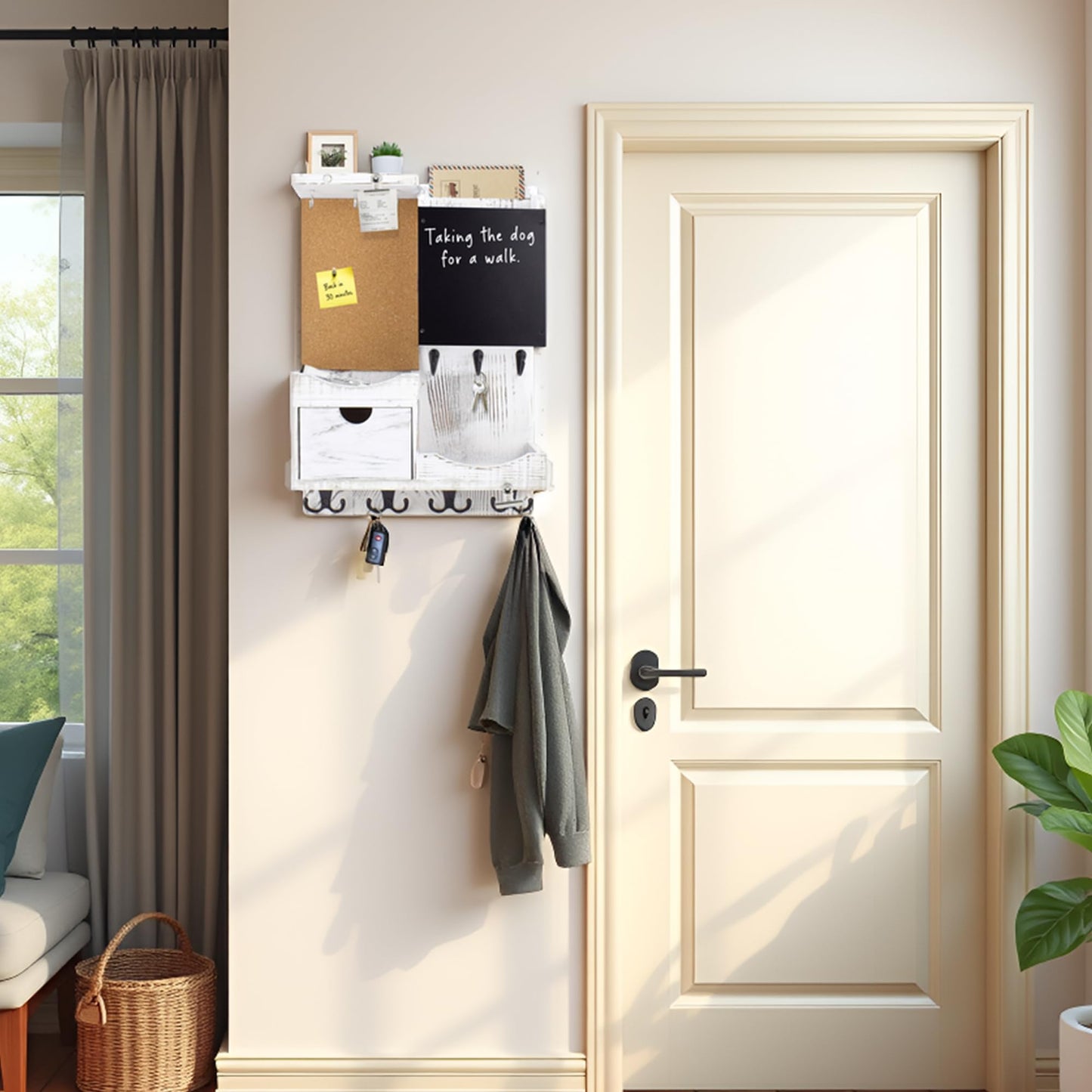 HEKOOLA Key Holder Wall Mount， Mail Organizer Key Holder for Wall with Shelf, Drawer, Chalkboard, Corkboard, Home Decor Wall Mounted for Room Entryway(Whitewashed)
