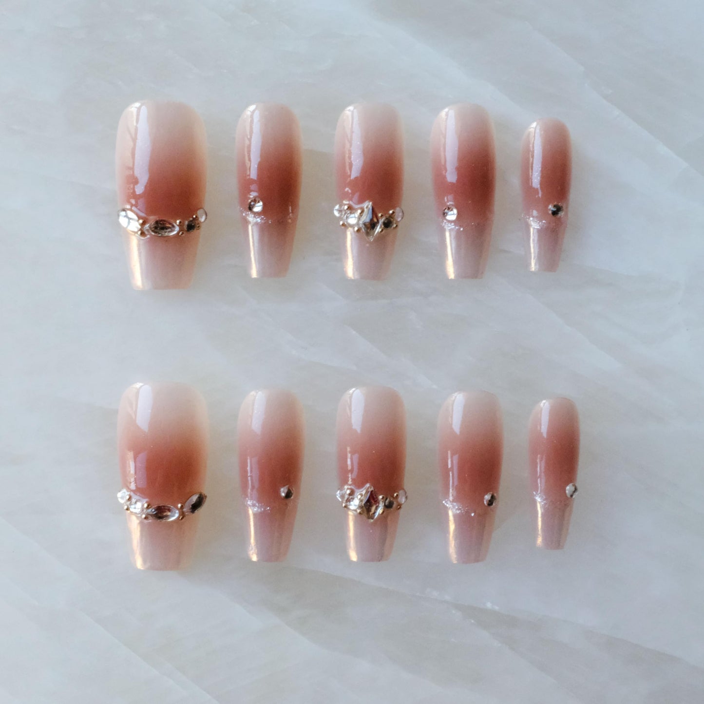 GLORS Long Ballerina Press-on Nails, Pink French Style with Rhinestones, Coffin Shape, Handmade False Nail 10 Pieces (Large,LB)