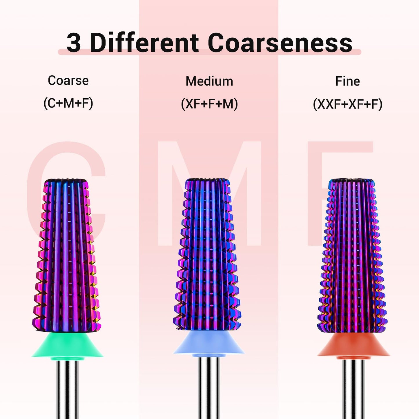 MelodySusie Professional 5 in 1 Nail Drill Bits, 3/32'' Carbide Tungsten Multi-function Bits, Suitable for Manicure Pedicure Cuticle Gel Polishing, Technicians Bits, Purple, Series Bit-M, Fine