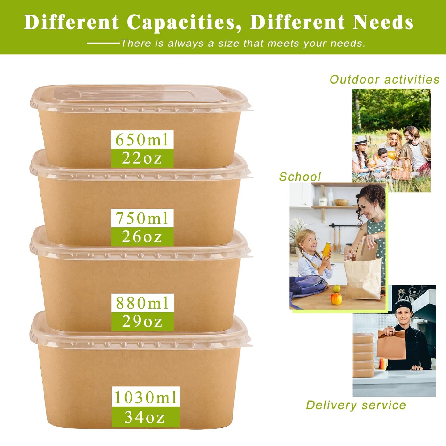 50-Pack 29oz Kraft Paper Bowls Disposable with Lids and Wooden Forks, Disposable Meal Prep Containers Paper Food Prep Containers with Lids, To Go Container for Hot Soup/Salad, Freezer & Microwave Safe