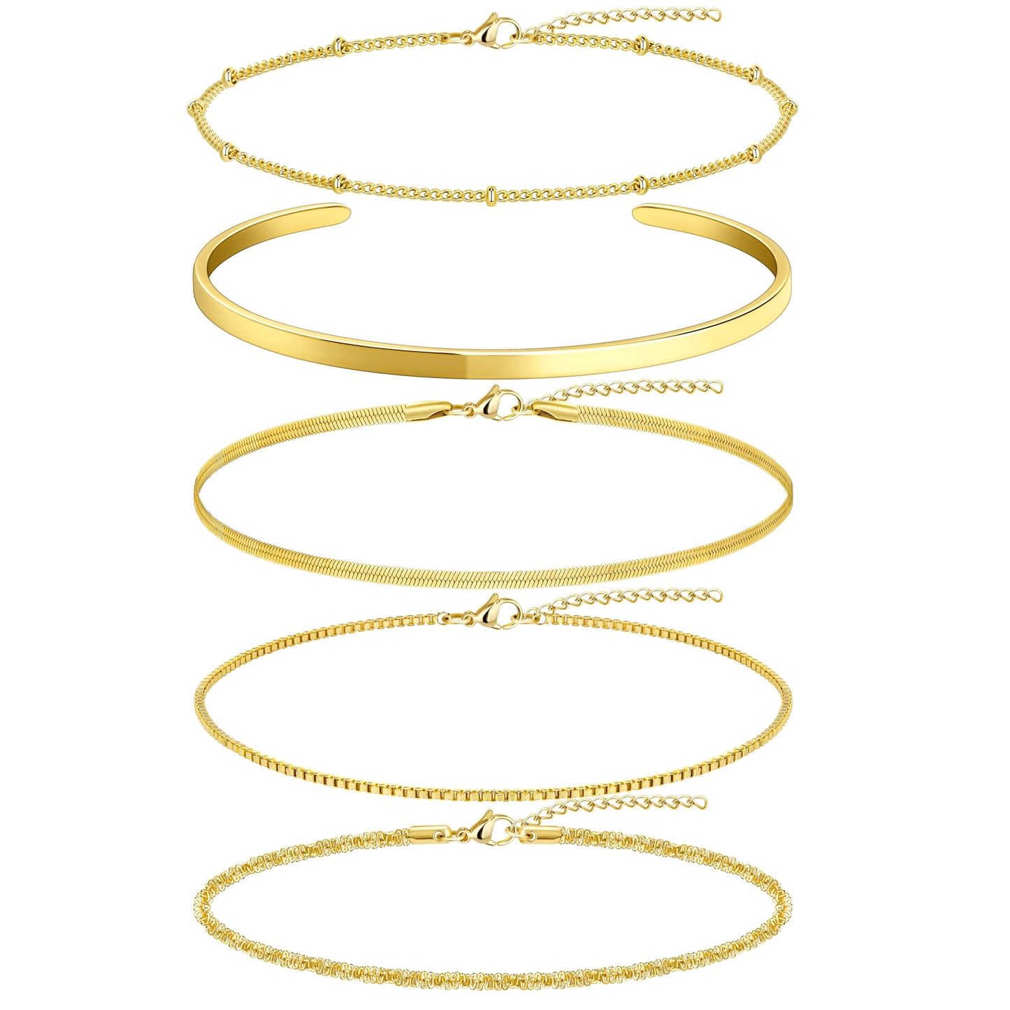 Dainty Gold Bracelets for Women, Minimalist 14K Gold Plated Stackable Thin Bracelet Set Box Link, Paperclip, Herringbone, Sparkling Chain, Bangle Cuff, Adjustable Simple Small Waterproof Jewelry Gifts for Women
