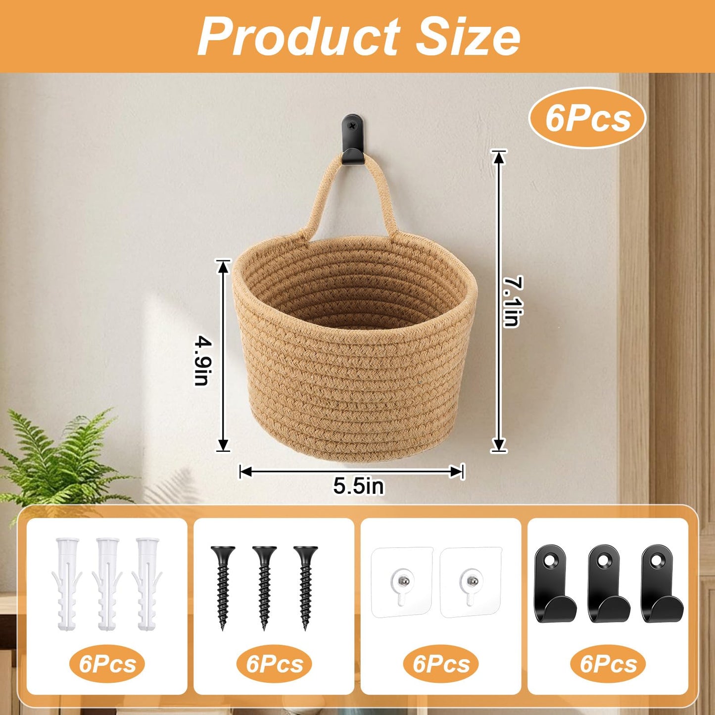 kenaeooe 6 PCS Wall Hanging Basket Set Handwoven Cotton Rope Hanging Fruit Basket Organizer with Hooks Boho Decorative Storage Bins for Home Kitchen Office Door Wall