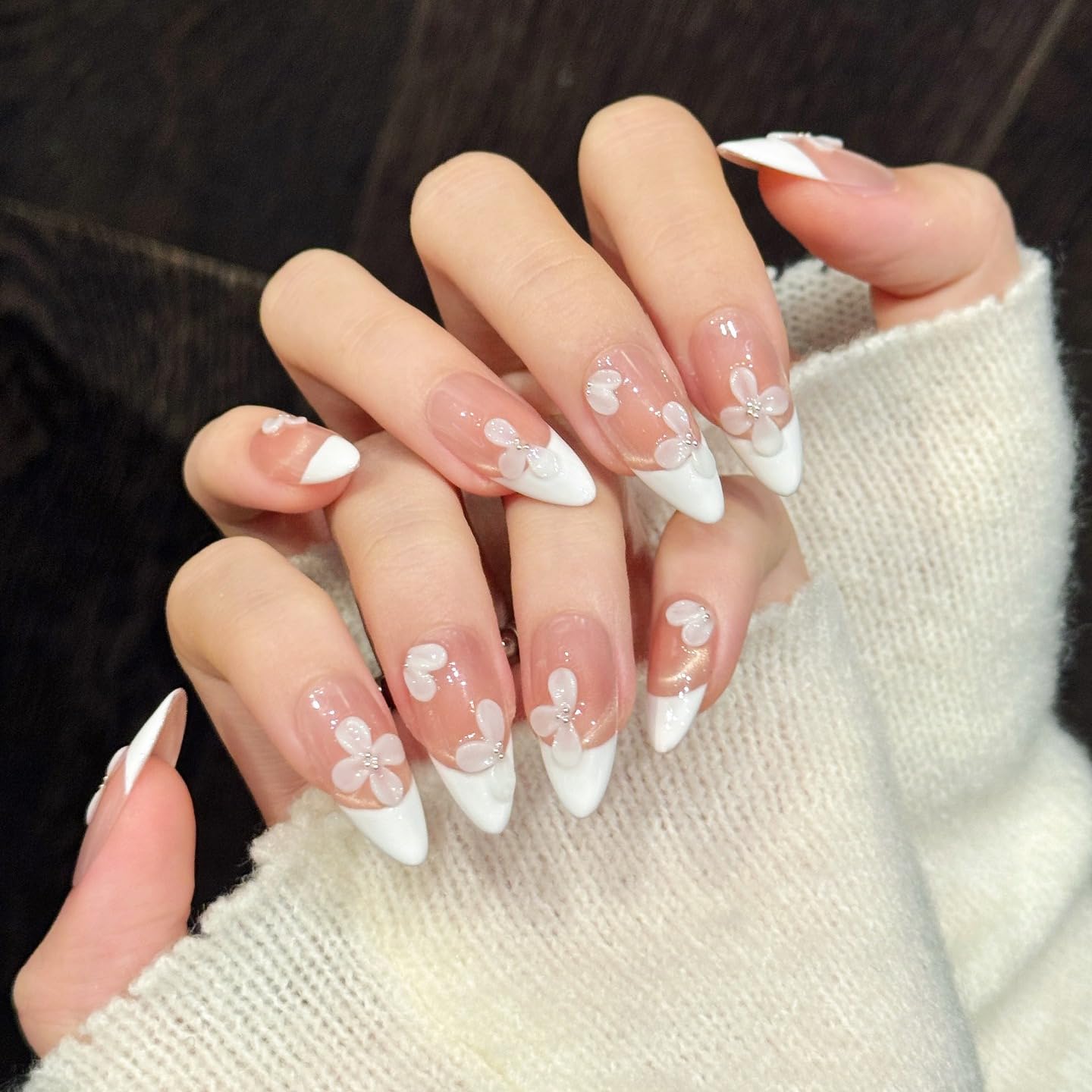 Handmade Press On Nails Medium Almond Nude Pink Sculpted Flowers Paired With Creamy White Reusable Wedding Prom And Festival Gift Handmade Acrylic Press On Nails Aacrylic Nail (L)