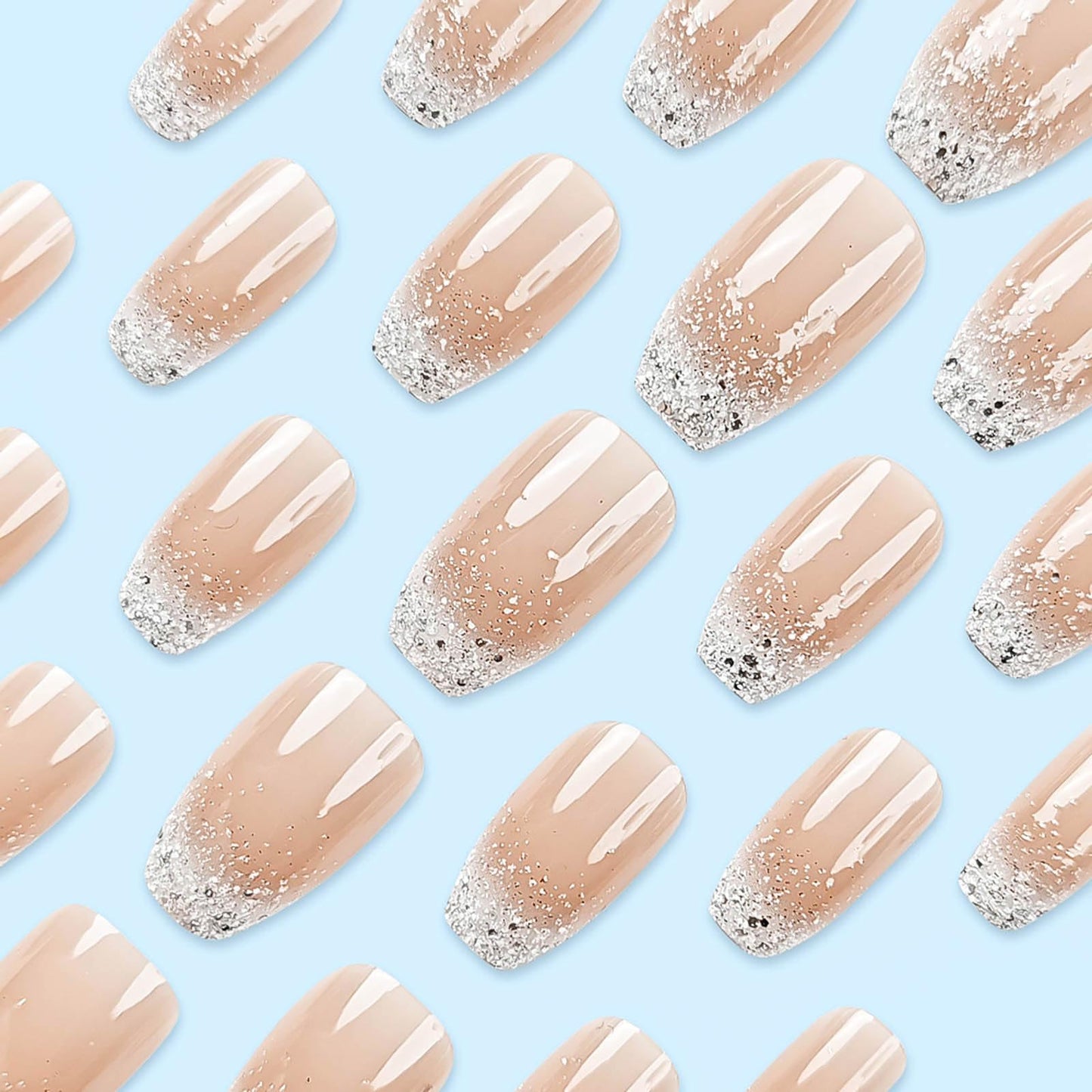RUOKEXIN Coffin Press On Nails Medium Ballet Shaped White Ombre False Glue-on Nails - 24pcs with Glitter Designs