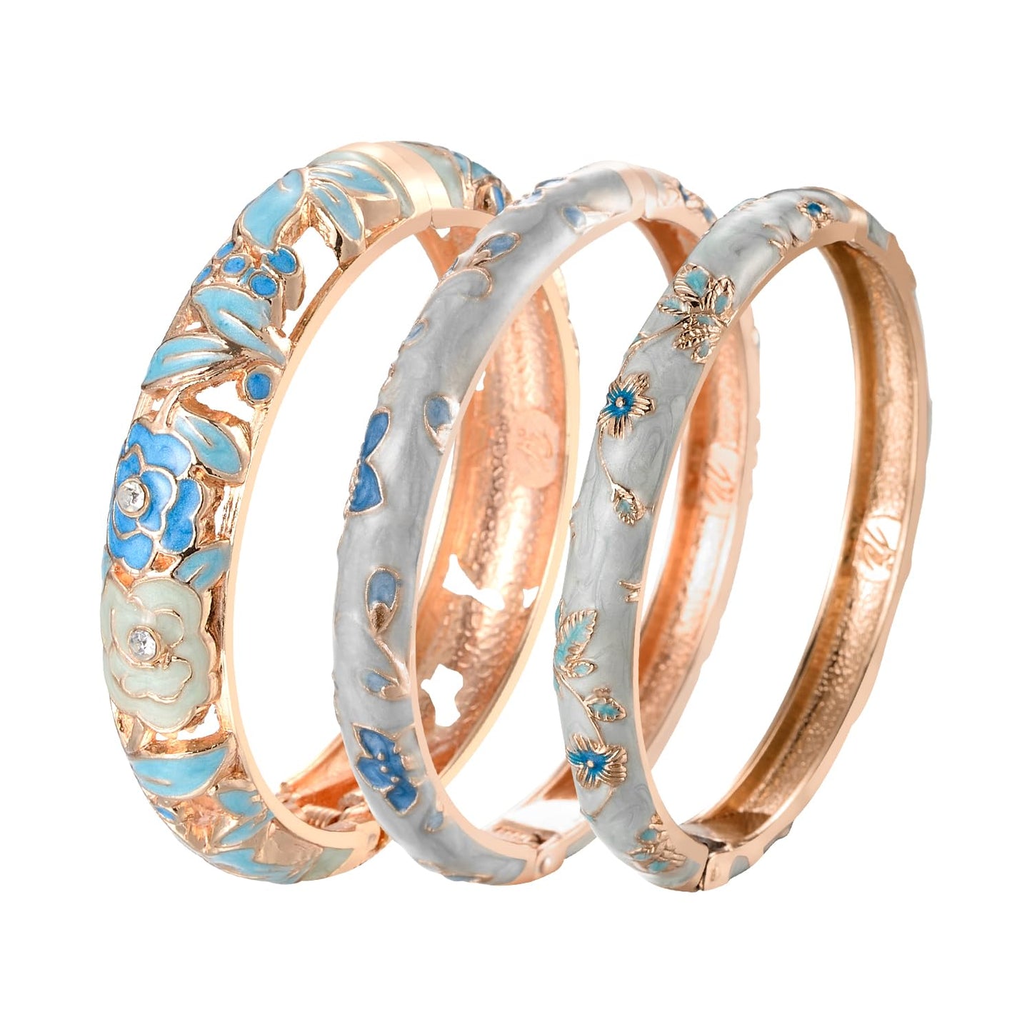 UJOY Fashion Cloisonne Bangle Jewelry Hollowed Rose Handmade Enamel Gifts Cuff Open Bracelet Bangles for Women Gilrs 88A10 3pcs Light Blue
