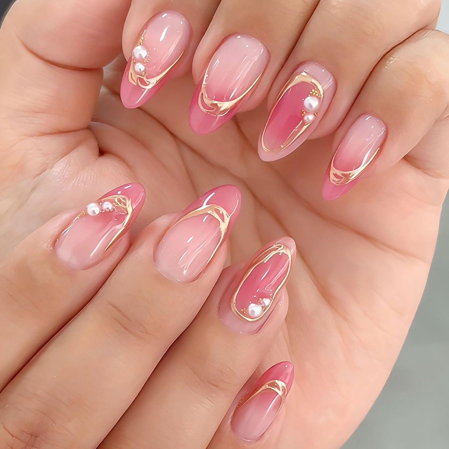 RUOKEXIN Almond Press on Nails French Tip Fake Nails Pink Ombre False Nails with Pearl Designs Medium Nail Press ons Sparkly Artificial Nails for Women 30Pcs