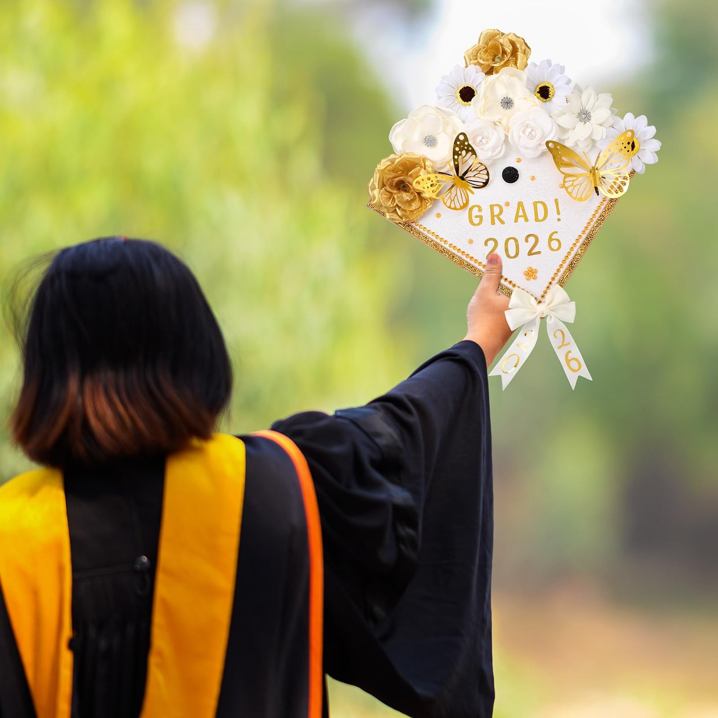 Wavwavw 63 Pcs DIY Graduation Cap Decorations Kit Include Faux Flowers 3D Butterfly Bow Self Adhesive Rhinestones and Alphabet Letter Stickers for 2026 Grad Cap Topper Decor Graduation Party(White)