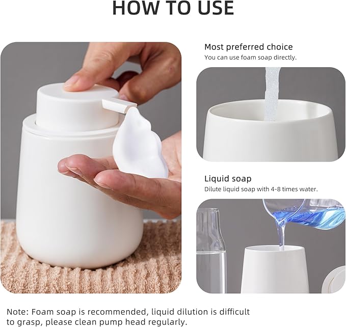 Ceramic Bathroom Accessories Set,Includes Foaming Soap Dispenser, Toothbrush Holder, Soap Dish, Cotton Swab Jar,Bathroom soap and Toothbrush Holder Set,Classic Design(White Set - Foam)