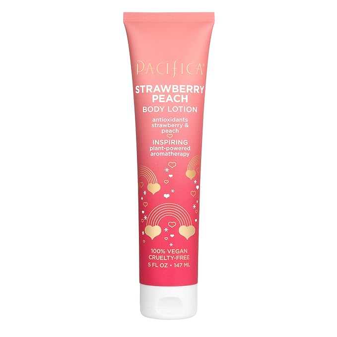 Pacifica Body Lotion – Strawberry Peach Hydrating Body Moisturizer Cream Hand Moisturizer w/Hyaluronic Acid, Lightweight, Clean Vegan & Cruelty-Free Dermatologist Tested, 5 fl oz