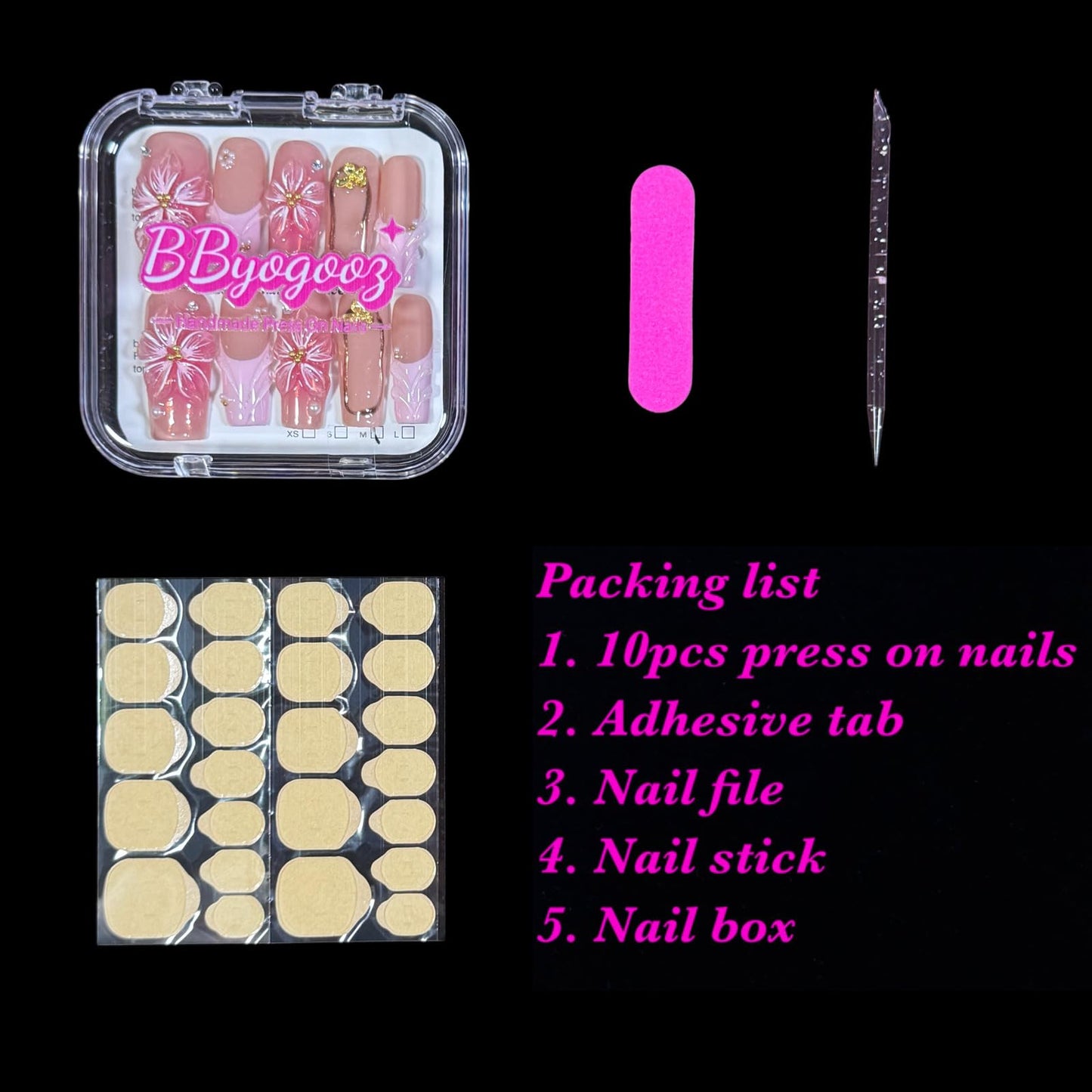 Handcrafted Press on Nails, 3D Floral Pink on Blush Nude Fake Nails, Long/Medium Square Shape, Reusable Acrylic False Nails Filigree Bloom (M)
