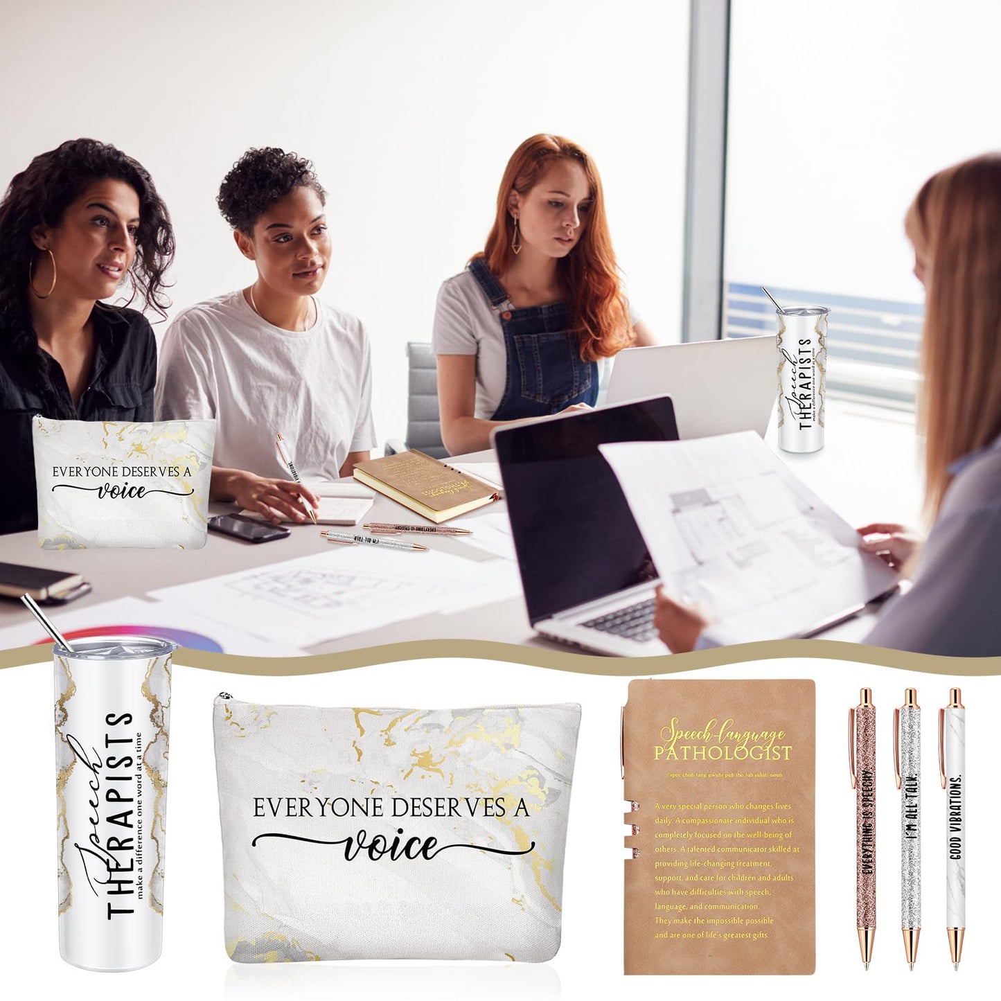 RimCereal 6 Pcs Speech Therapy Gifts Slp Gift for Speech Language Pathologist 20 oz Tumbler Makeup Bag A6 Notebook Ballpoint Pen Slp Graduation Appreciation Gift for Teacher Therapist Birthday(White)