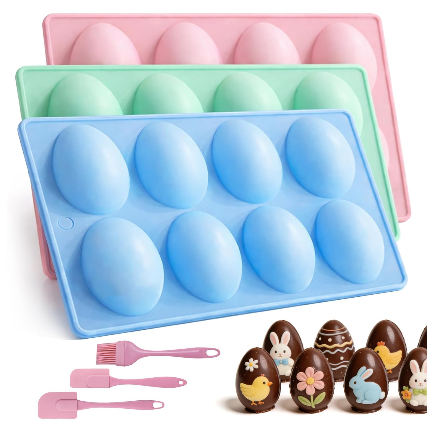 Easter Egg Silicone Molds for Baking,3Pcs 24 Cavity Non-Stick Egg-Shaped Chocolate Mold and Tool Set,Suitable for Candy, Cake Pop,Soap,Ice Cube and Jelly Baking Supplies