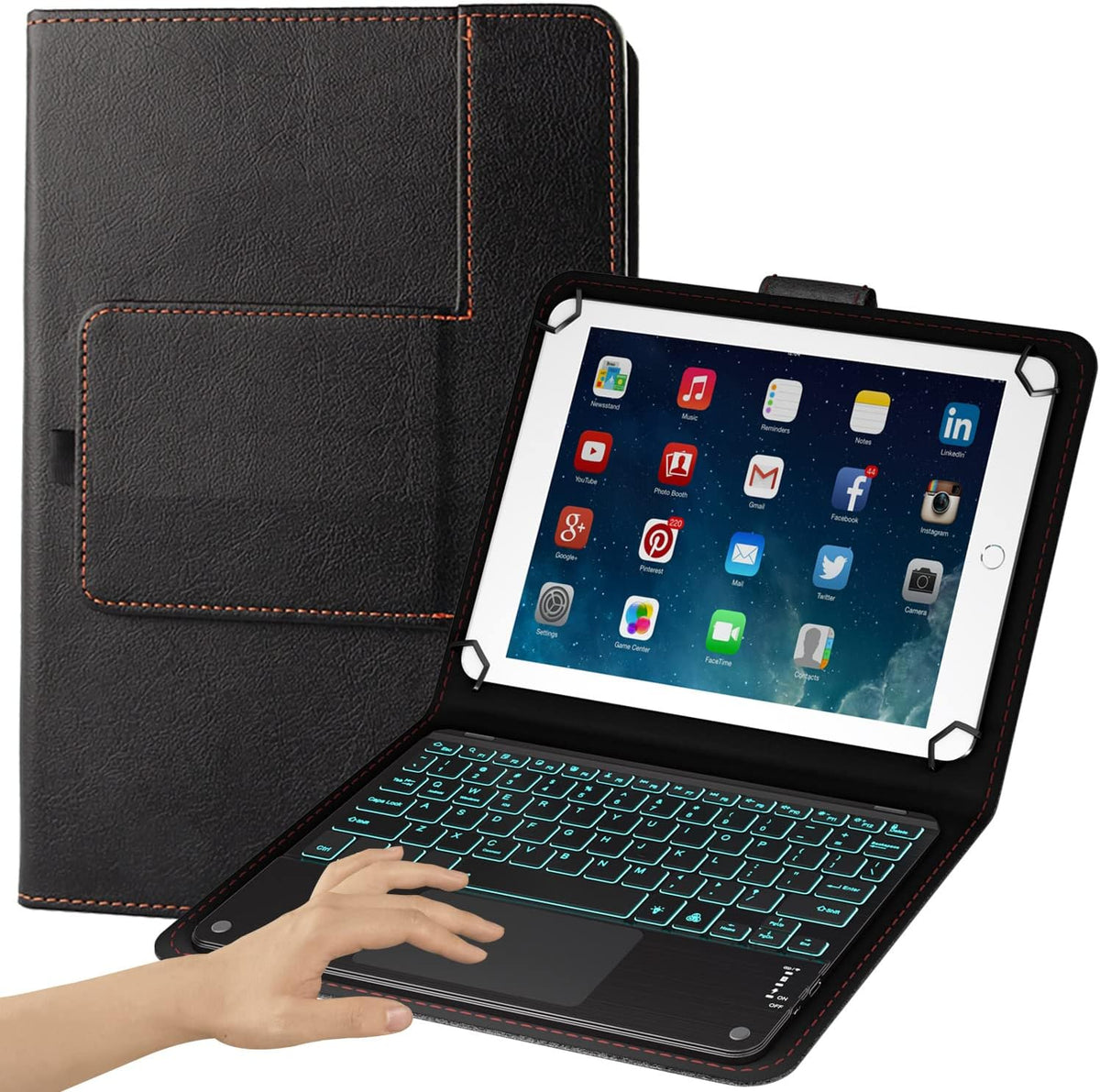 TouchPad Keyboard case for 9",9.7",10.1",10.2",10.5",10.9",11" Tablets,2-in-1 Bluetooth Wireless Keyboard with Touchpad,7 Colors Backlit & Leather Folio Cover(Black)