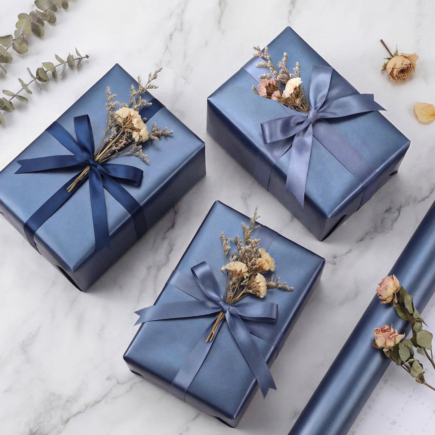 woric Navy Blue Wrapping Paper Roll 17 In X 33 Ft Blue Gift Wrapping Paper with Matte Pearly for DIY Bouquet Weddings Birthdays Graduations Father's Day