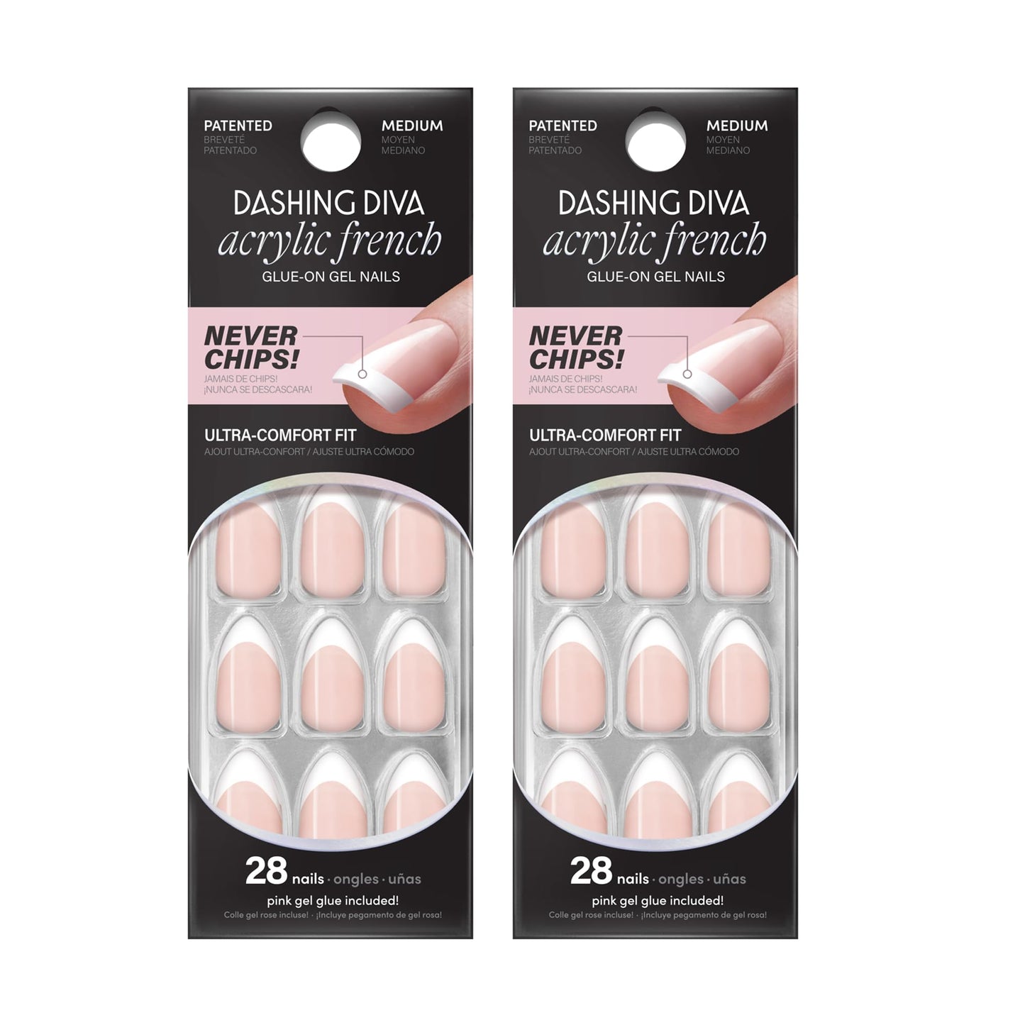 Dashing Diva Sculpted Acrylic French Tip Manicure Bundle - Classic Nude, Medium Almond - Salon Quality, Easy to Apply, Long-Lasting Press-On Nails - Contains 2 Sets of 28 Glue On Nails