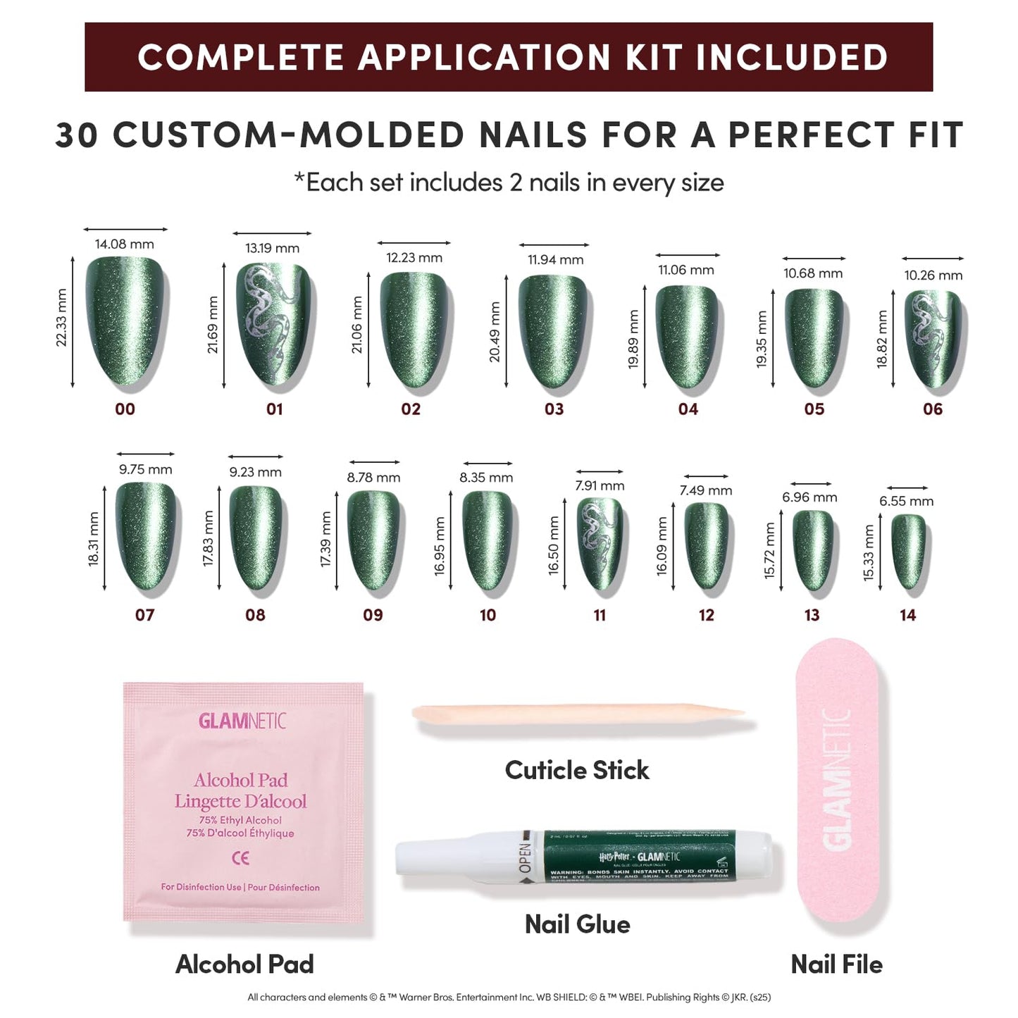 Harry Potter™ x Glamnetic Press On Nails - Slytherin™ | Green Snake Serpent Graphic Short Almond Fake Nails in a Velvet Finish | 15 Sizes - 30 Nail Kit with Glue