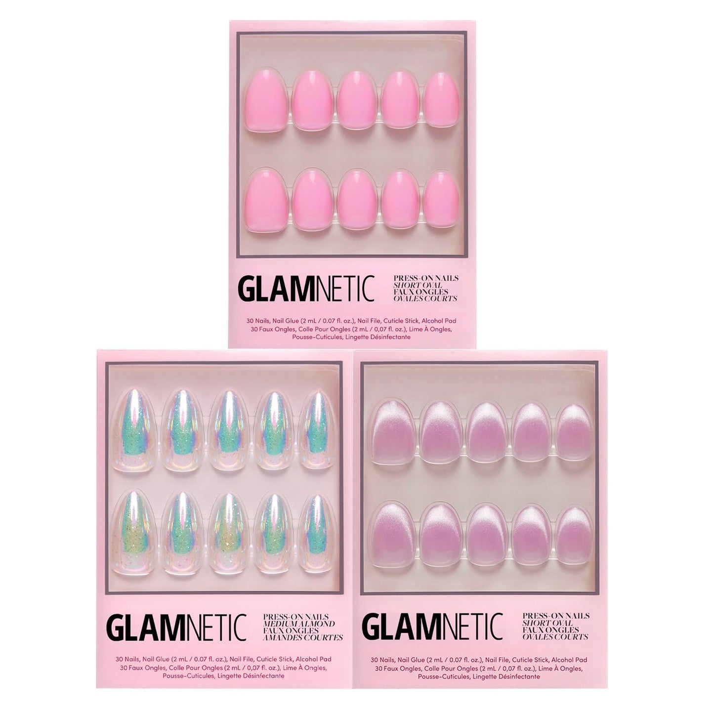 Glamnetic Press-On Nails Bundle - Stardust, Fairy Dust & Think | Oval Glossy Light Yellow Fake Nails | Oval Beige-Pink False Nails with a Metallic Finish | Light Pastel Short Ova