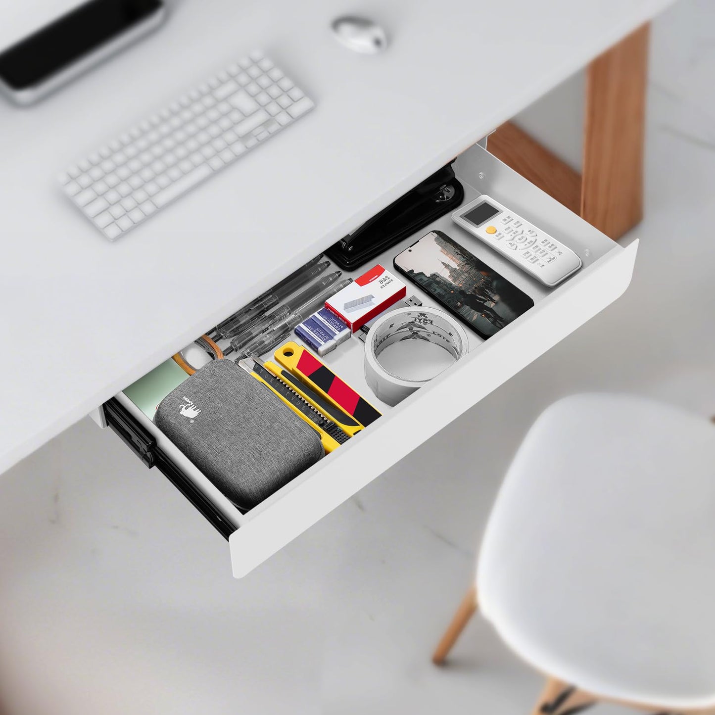 KHAMAL Under Desk Drawer Slide Out Large - Under Table Drawer 17.32" x 9.25", Pull-Out Storage Organizer With Cable Management For Home & Office (White)