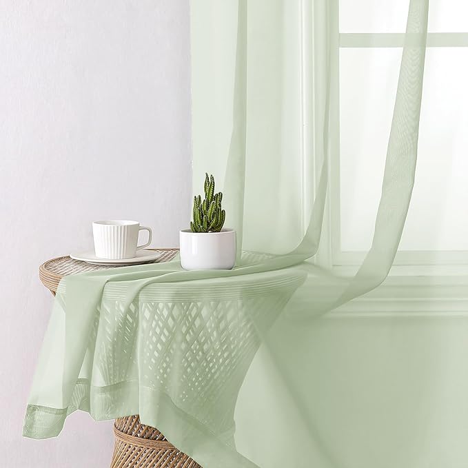 Lecloud Light Green Sheer Curtains 96 Inches Long 2 Panels, Modern Light Filtering Breathable Curtain, Gauzy Stylish Home Decor Drapes with Rod Pocket for Living Room Bedroom, Each 42" W x 96" L