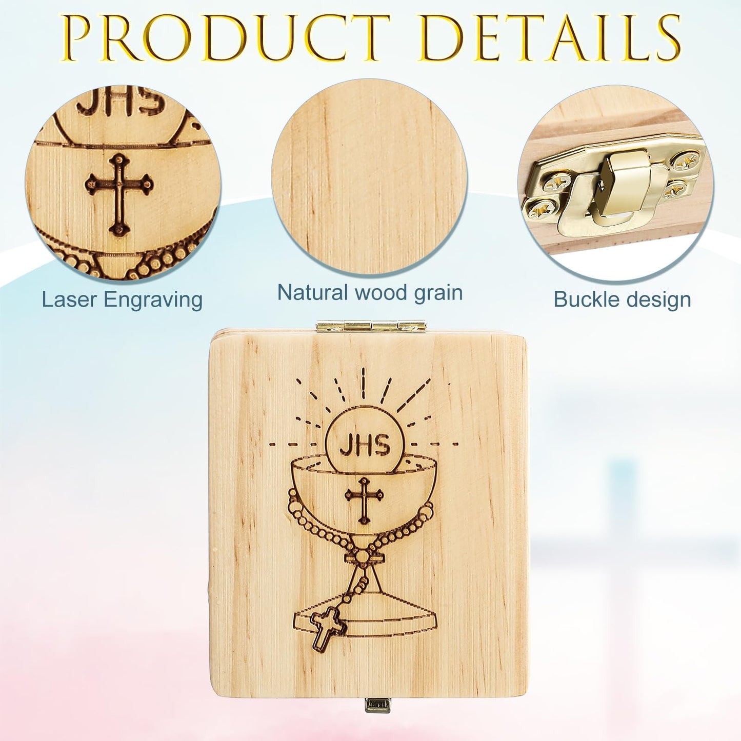 Menkxi First Communion Jewelry Box 2.8 x 3.2 x 1.4 Inch Wooden Religious Keepsake Boxes Catholic First Holy Communion Gifts for Beads Jewelry Keepsake Mementos