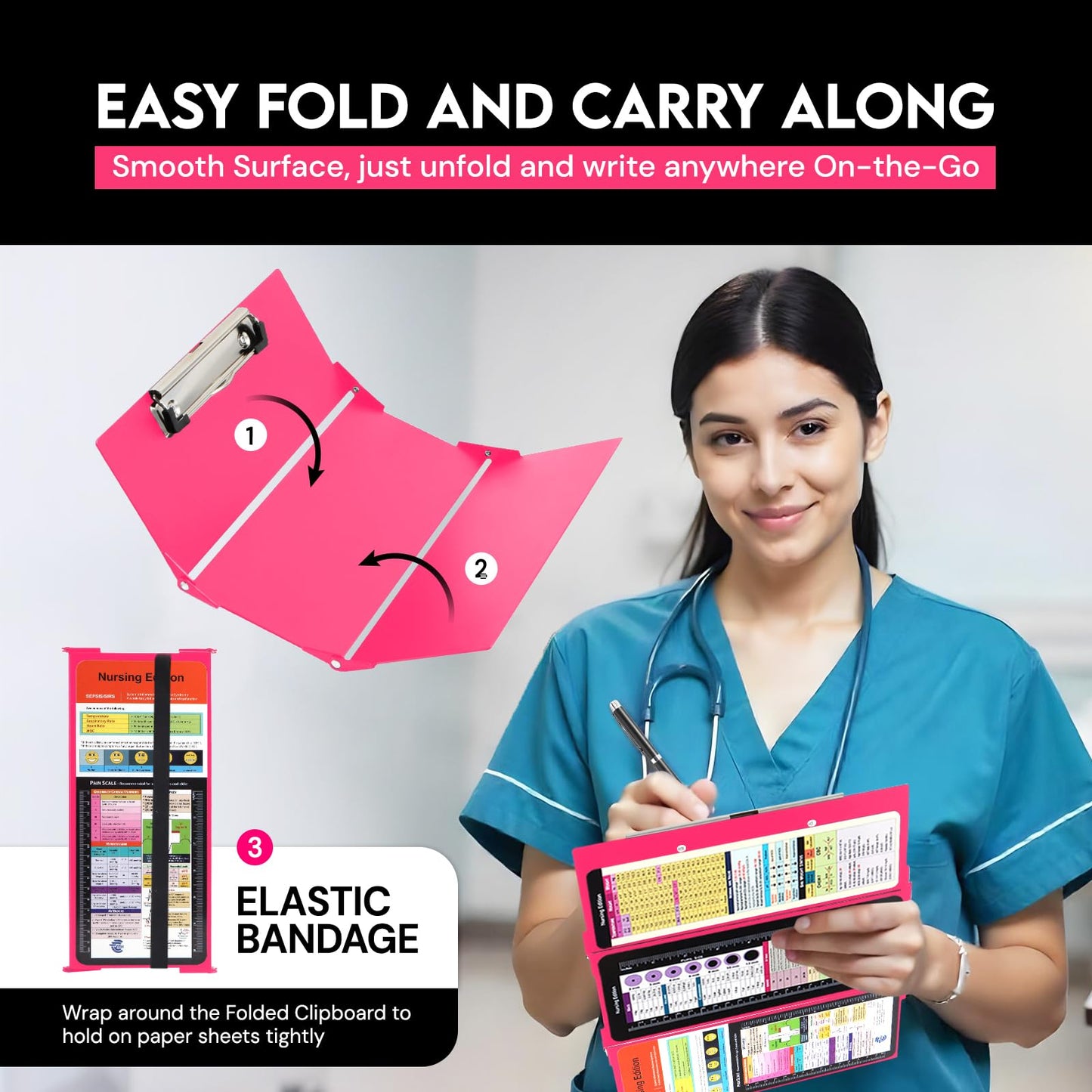 Nursing Clipboard Foldable with Medical Edition Cheat Sheets, 3 Layers Aluminum Foldable Clipboard for Nursing, Notepad for Students, Nursing School Essentials (Pink)