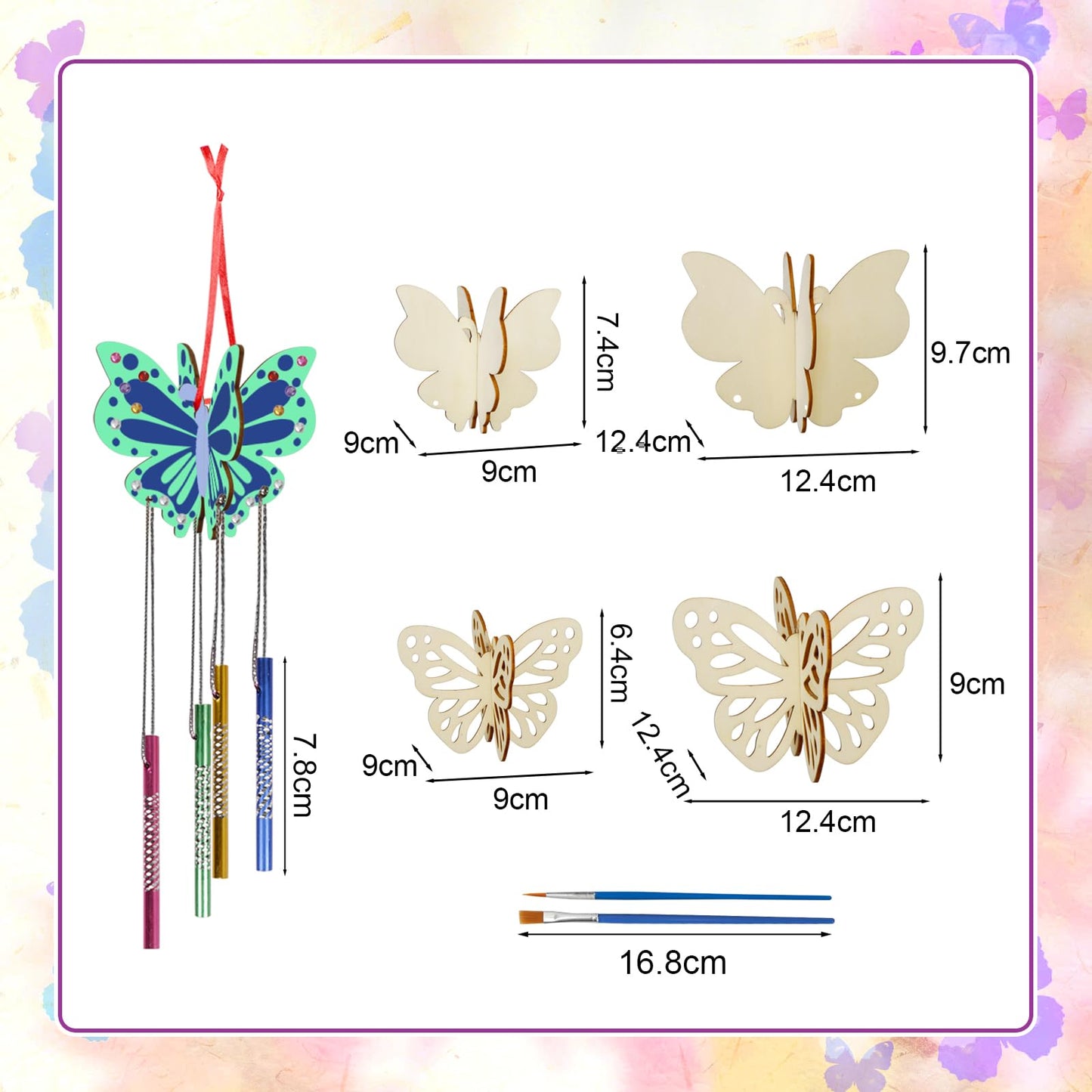 Fennoral 8 Pack 3D Butterfly Wind Chime Kit for Kids Make Your Own Butterfly Wind Chime Wooden Arts and Crafts for Kids DIY to Paint Butterfly Craft for Spring Art Activity Mother's Day Decoration