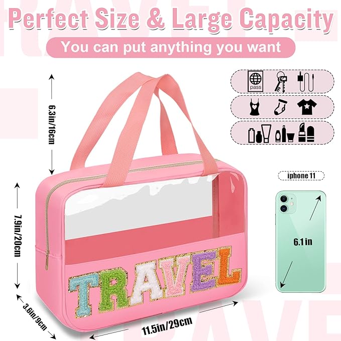 Preppy Clear Travel Makeup Bags with Chenille Letter Patches, Travel Essentials Large Clear Make up Bag Zipper Pouch with Handle, Waterproof Nylon Cosmetic Toiletry Storage Tote for Women(TRAVEL-Pink)