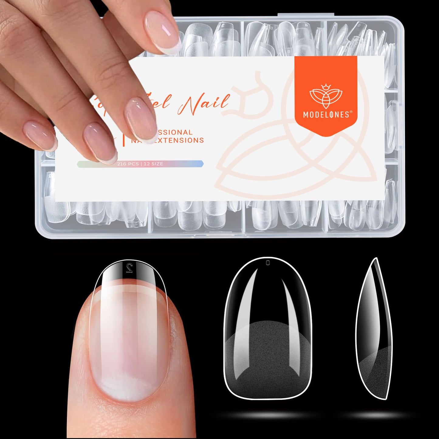 modelones Short Oval Nail Tips, Pre-shaped Soft Gel Tips Fake Nails False Acrylic Clear Full Cover Press on Extension Kit Gel Manicure DIY at Home 216PCS 12Sizes