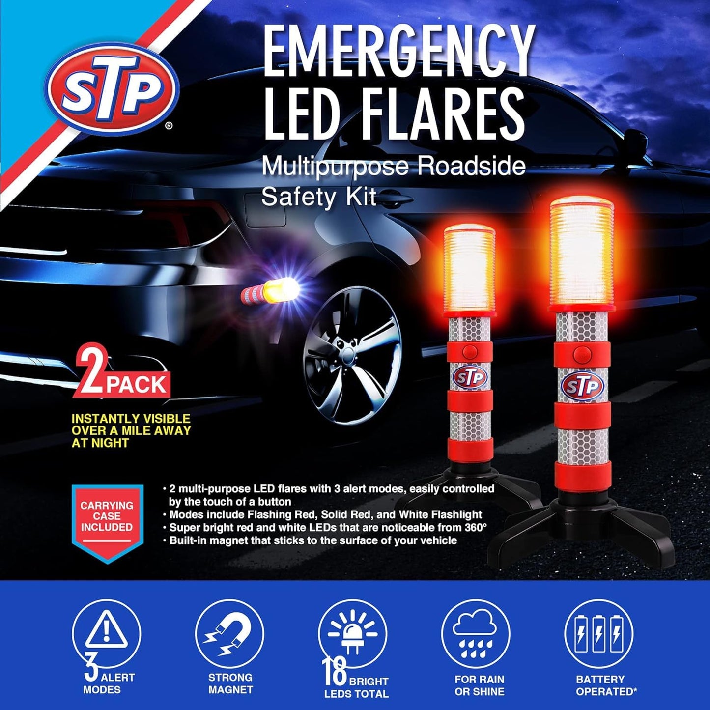 XTREME STP LED Road Flares, 3 Alert Lighting Modes: Flashing Red, Solid Red & White Flashlight, Emergency Flares for Vehicles, Visible From Up To A Mile, Foldable Stand/Built-In Magnet Sticks To Car