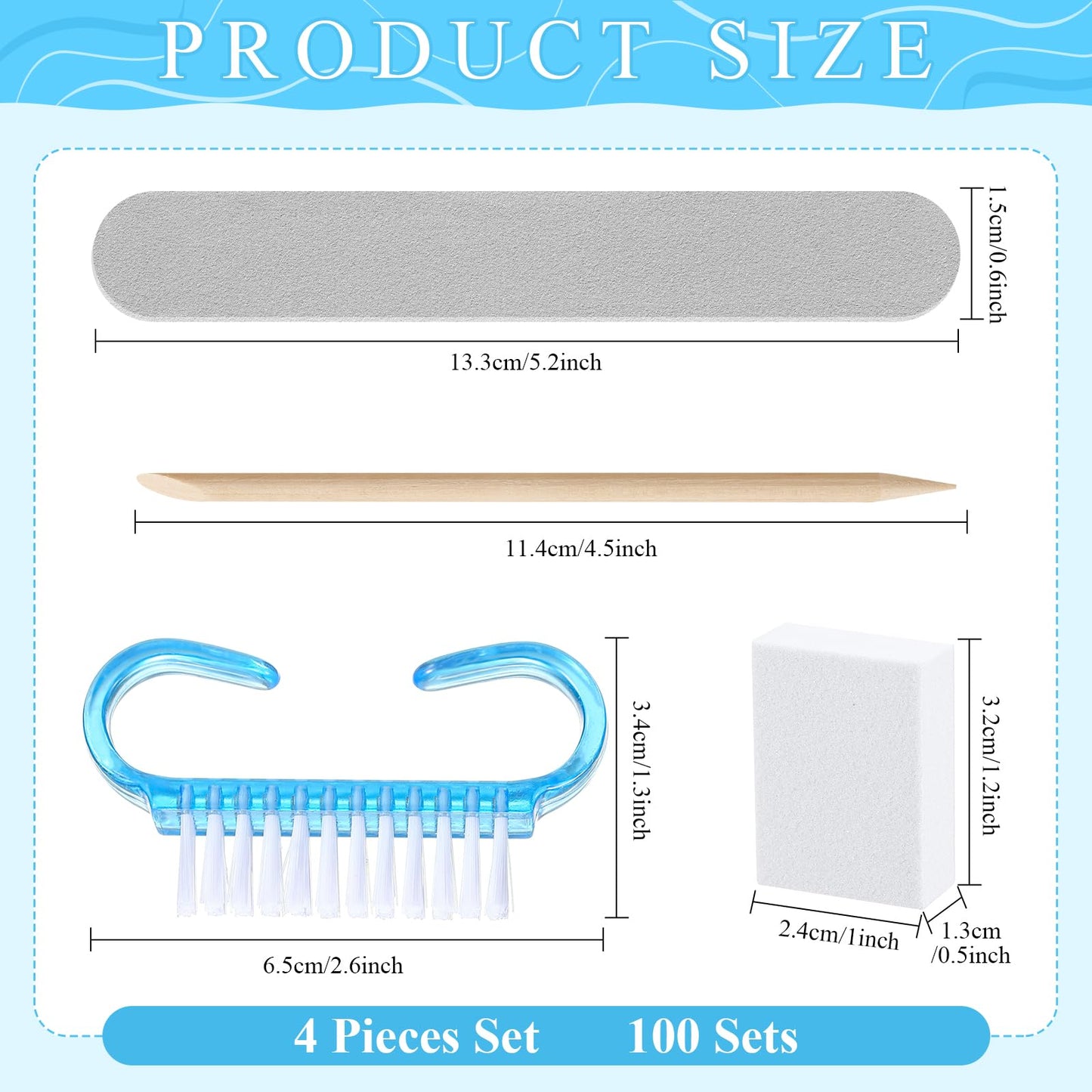 Leriton 100 Sets Mothers Day Professional Disposable Manicure Kit Basics 4 Piece Nail Kit Wood Nail File 100/180 Grit, Mini Buffer 80/100 Grit, Wood Stick and Handle Grip Brush Gifts(Blue)