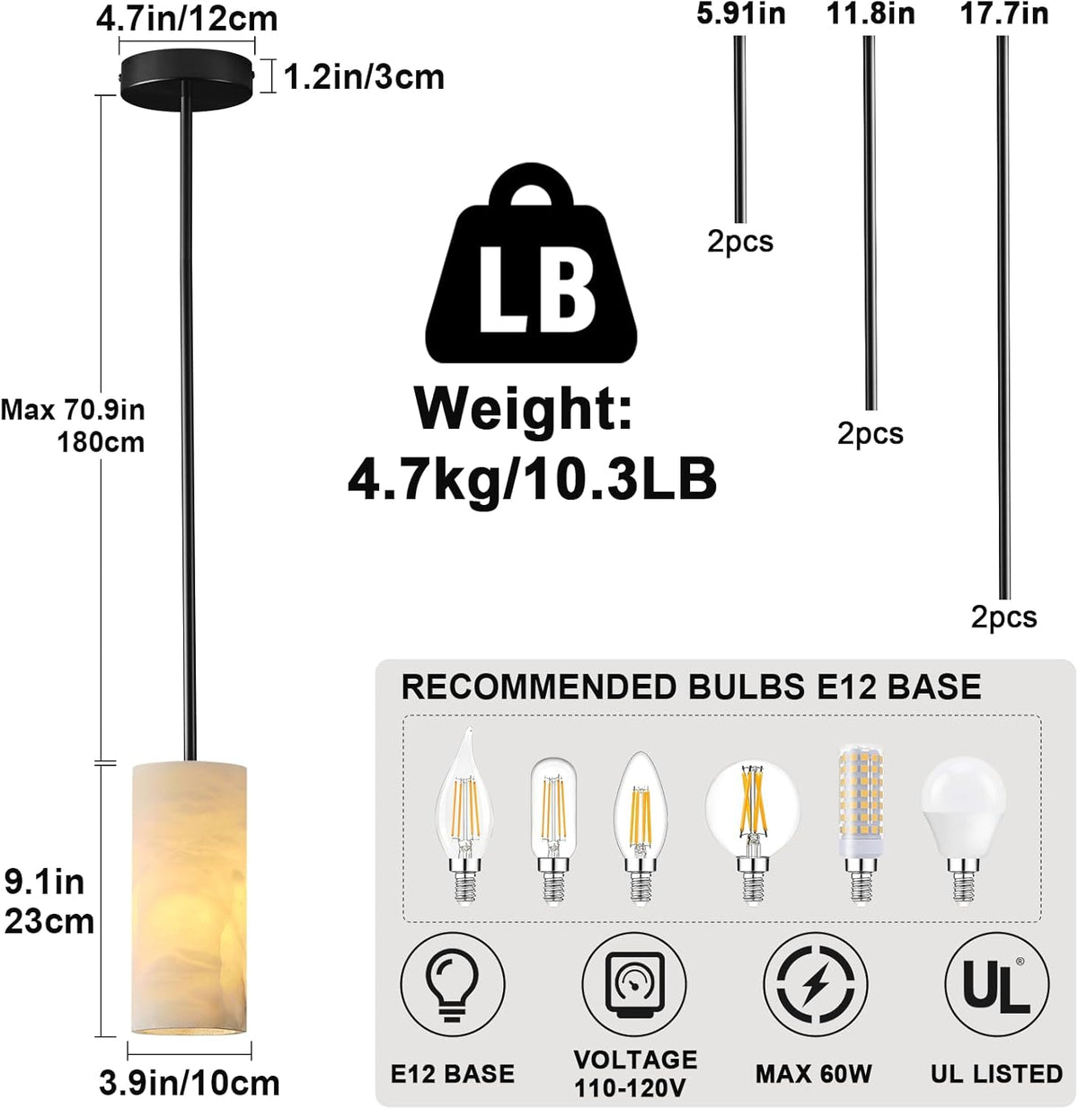 Alabaster Pendant Light Kitchen Island, H-9.5in Black Pendant Light Fixtures with Natural Marble Shade, Adjustable Ceiling Pendant for Dining Room, Living Room, Bedroom & Bathroom