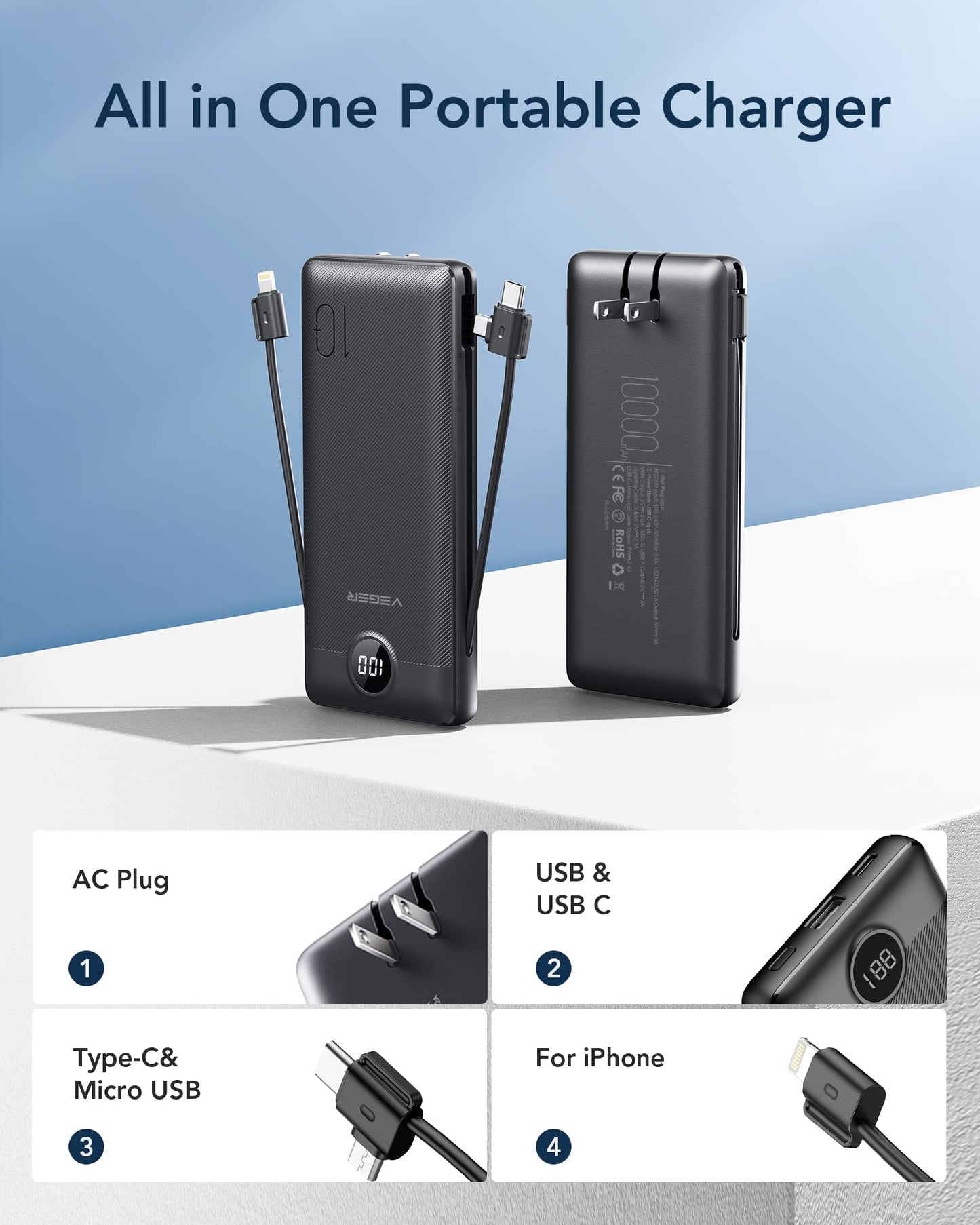 VEGER Portable Charger with Built-in AC Plug and Cables, All in One 10000mAh Ultra Slim Power Bank Travel Essentials, Fast Charging Battery Pack Compatible with iPhone, Samsung, Android (Black)