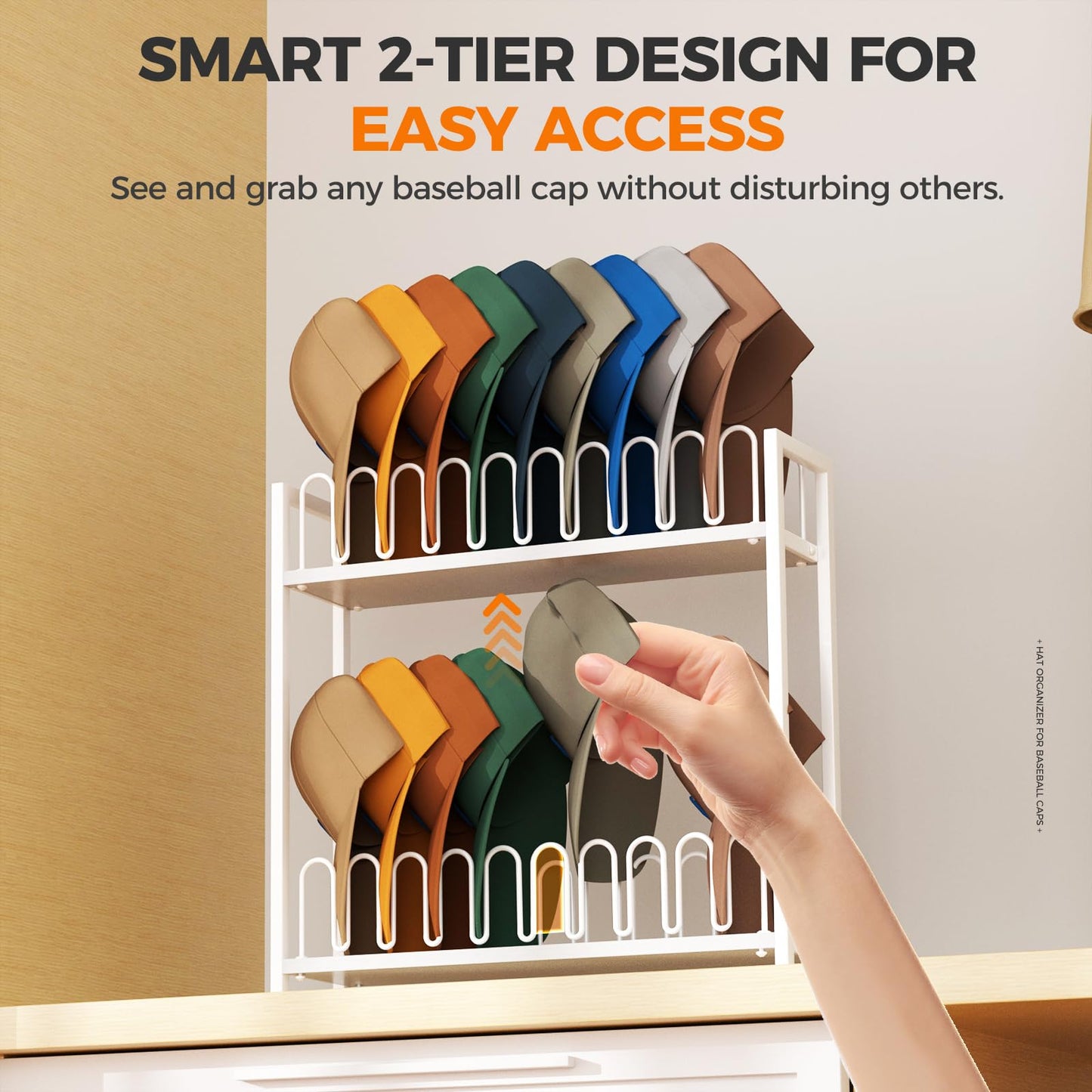 Cinati 2-Tier Hat Organizer for Baseball Caps, 18 Capacity Freestanding Baseball Cap Rack, Metal & Wood Hat Storage for Closet Entryway Bedroom, Black Cap Holder Stand, Gifts for Men Dad