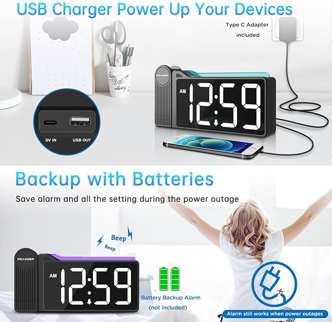 Peakeep Projection Alarm Clock for Bedroom Ceiling with Colorful Nightlight